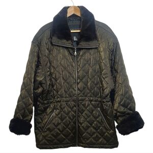 Metropolitan New York Women's Size Large Coat Jacket Black Gold Sheen Fur Collar